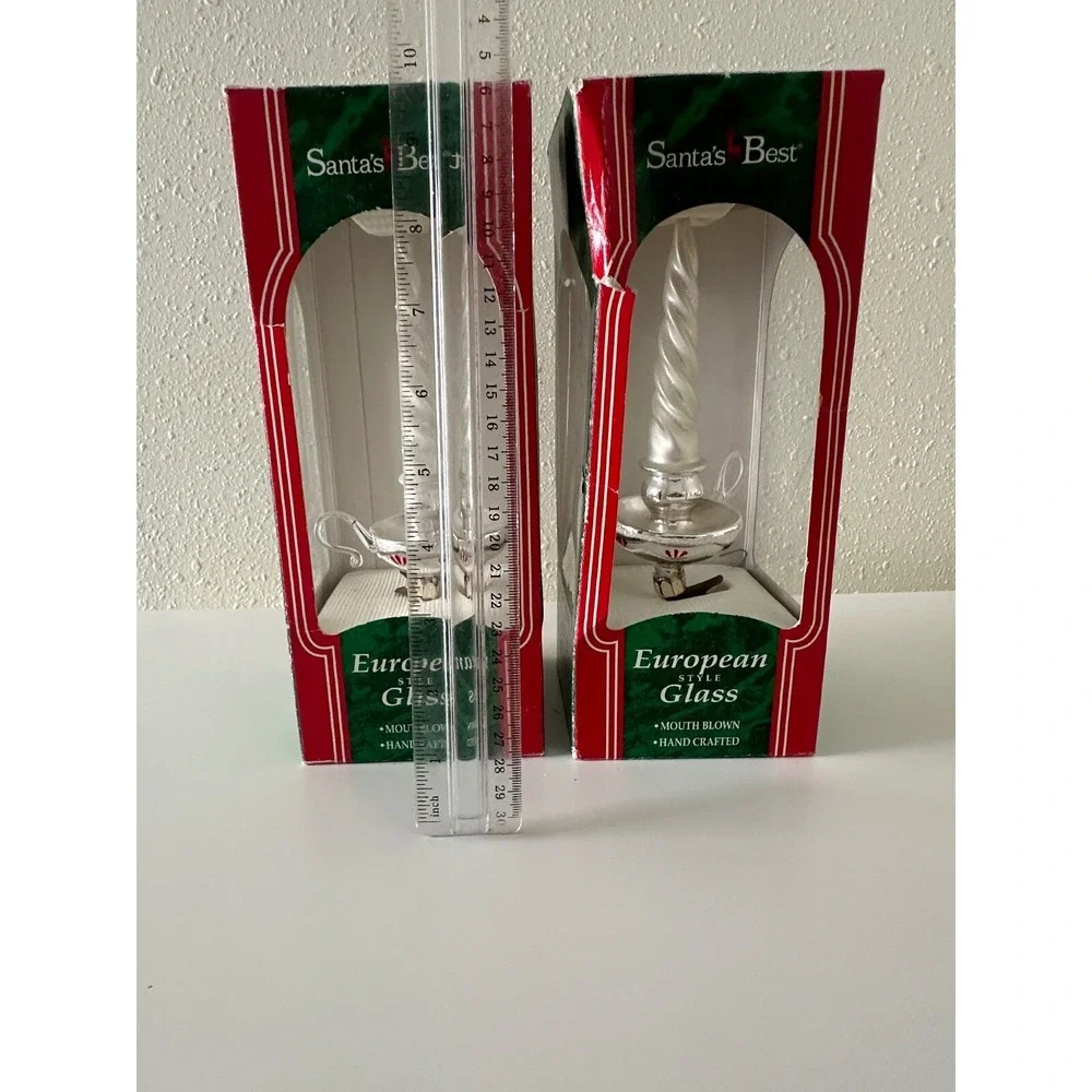 Christmas Ornament Candlestick European Hand Blown Glass Clip On Figural‎ Set 2